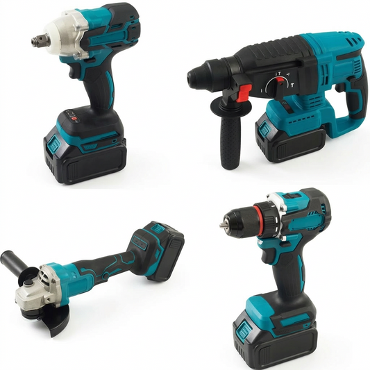 4-teiliges 21V Akku-Werkzeugset (Schlagschrauber, Akkuschrauber, Bohrhammer & Winkelschleifer)